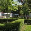 Casette bianche con giardini ben curati, circondate da alberi e cespugli verdi.